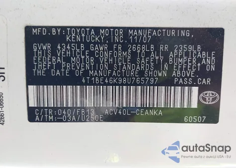 2008 Toyota Camry Le z USA, uszkodzony, nr VIN 4T1BE46K98U765797